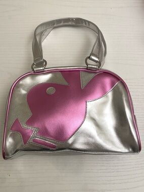 90’s Y2K Playboy Silver and Pink Bunny Logo Bowler Bag Purse